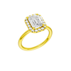 A three-quarter view of the Emerald cut diamond engagement ring in 14k yellow gold with a plain band and solitaire setting