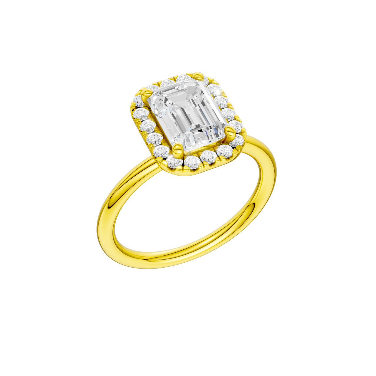 A three-quarter view of the Emerald cut diamond engagement ring in 14k yellow gold with a plain band and solitaire setting