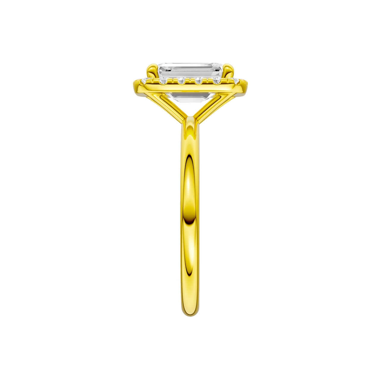 A side view of the Emerald cut diamond engagement ring in 14k yellow gold with a plain band and solitaire setting
