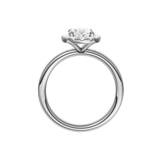 A profile view of the Oval cut diamond engagement ring in 14k white gold with a plain band and solitaire setting