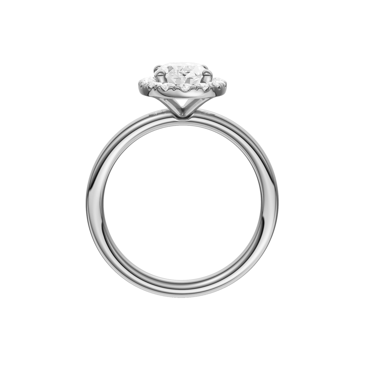 A profile view of the Oval cut diamond engagement ring in 14k white gold with a plain band and solitaire setting