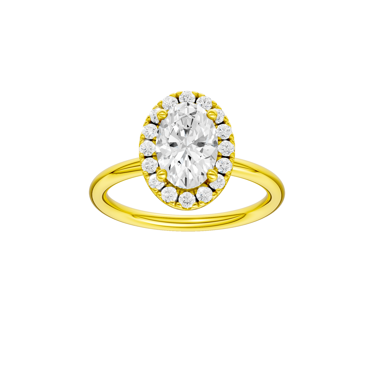 A front view of the Oval cut diamond engagement ring in 14k yellow gold with a plain band and solitaire setting
