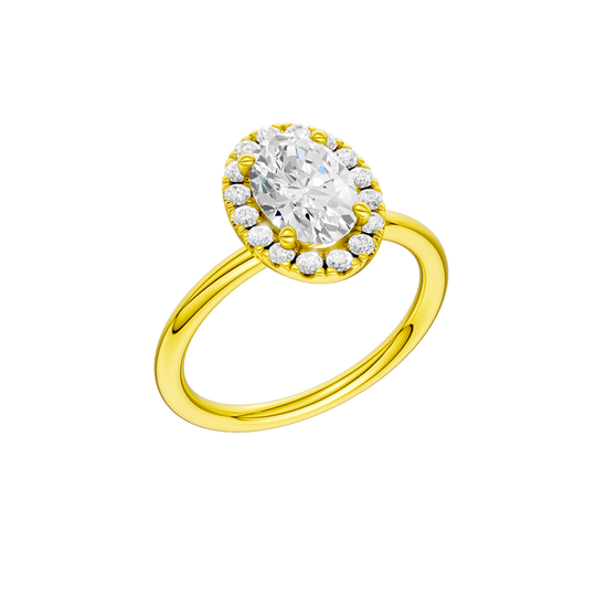 A three-quarter view of the Oval cut diamond engagement ring in 14k yellow gold with a plain band and solitaire setting