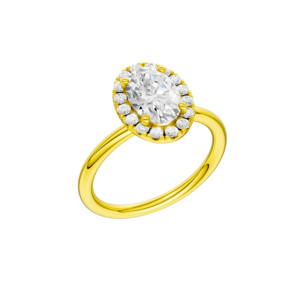 A three-quarter view of the Oval cut diamond engagement ring in 14k yellow gold with a plain band and solitaire setting