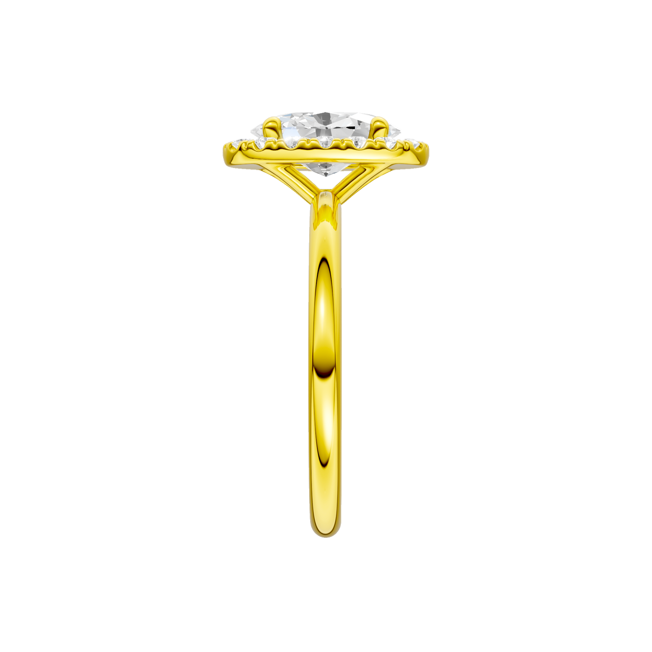 A side view of the Oval cut diamond engagement ring in 14k yellow gold with a plain band and solitaire setting