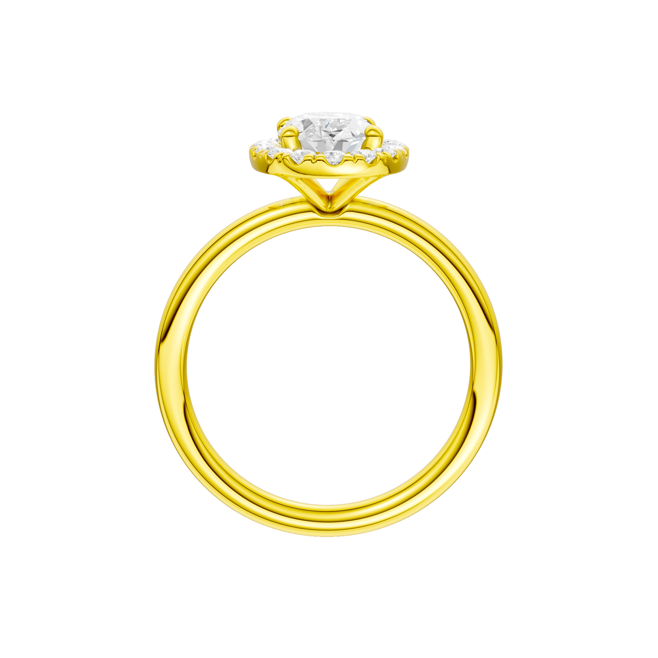 A profile view of the Oval cut diamond engagement ring in 14k yellow gold with a plain band and solitaire setting