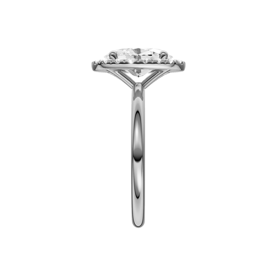A side view of the Oval cut diamond engagement ring in platinum with a plain band and solitaire setting