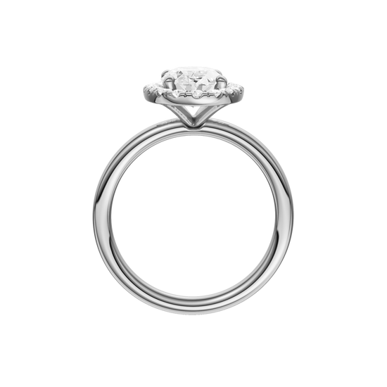 A profile view of the Oval cut diamond engagement ring in platinum with a plain band and solitaire setting