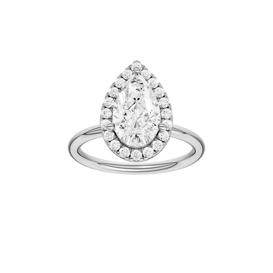 A front view of the Pear cut diamond engagement ring in platinum with a plain band and solitaire setting