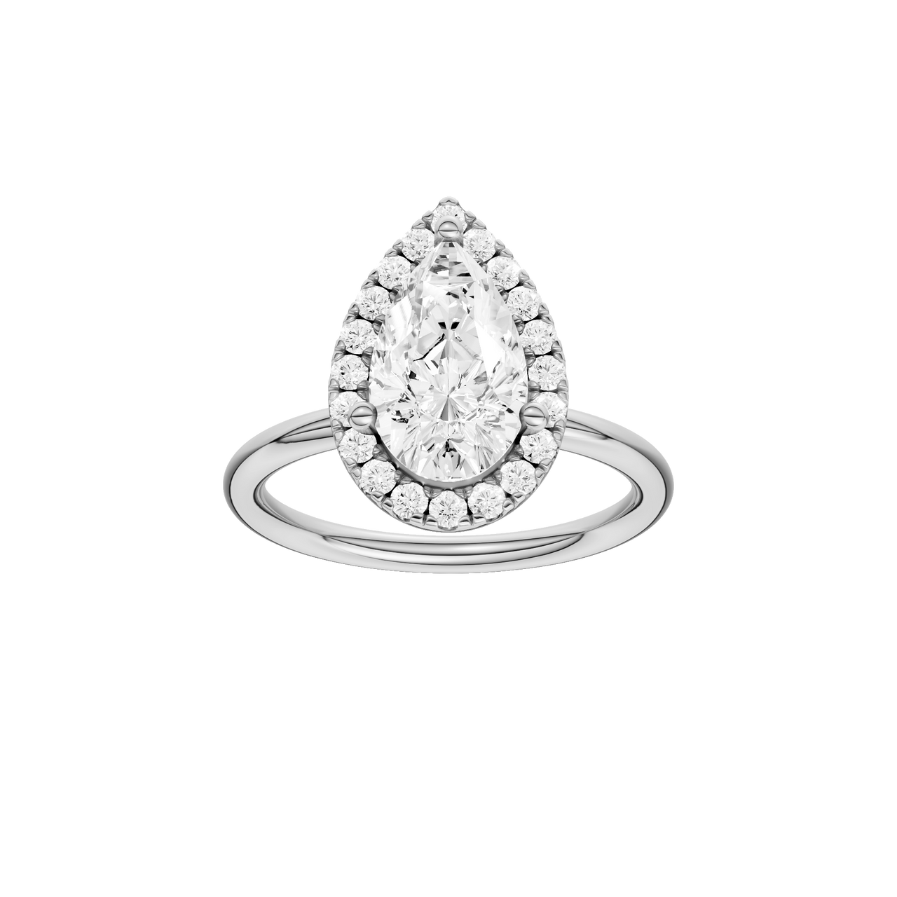 A front view of the Pear cut diamond engagement ring in platinum with a plain band and solitaire setting