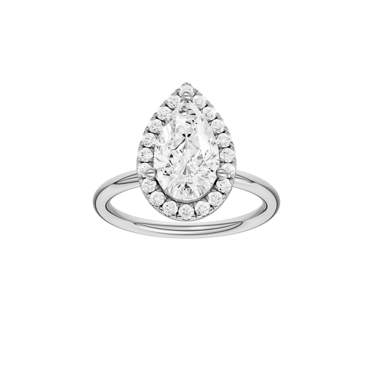 A front view of the Pear cut diamond engagement ring in 14k white gold with a plain band and solitaire setting