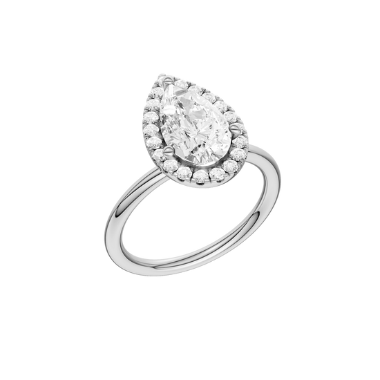 A three-quarter view of the Pear cut diamond engagement ring in platinum with a plain band and solitaire setting