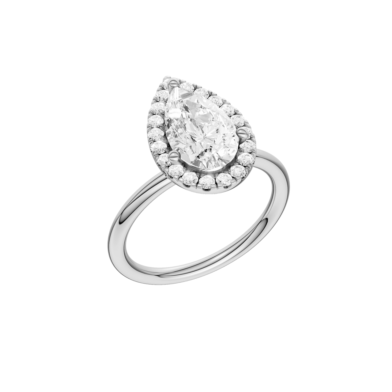 A three-quarter view of the Pear cut diamond engagement ring in 14k white gold with a plain band and solitaire setting