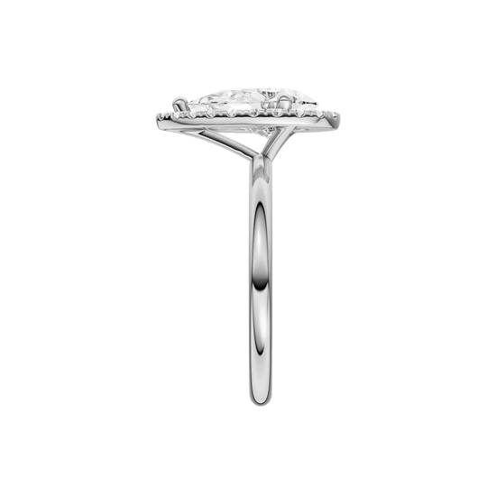 A side view of the Pear cut diamond engagement ring in platinum with a plain band and solitaire setting