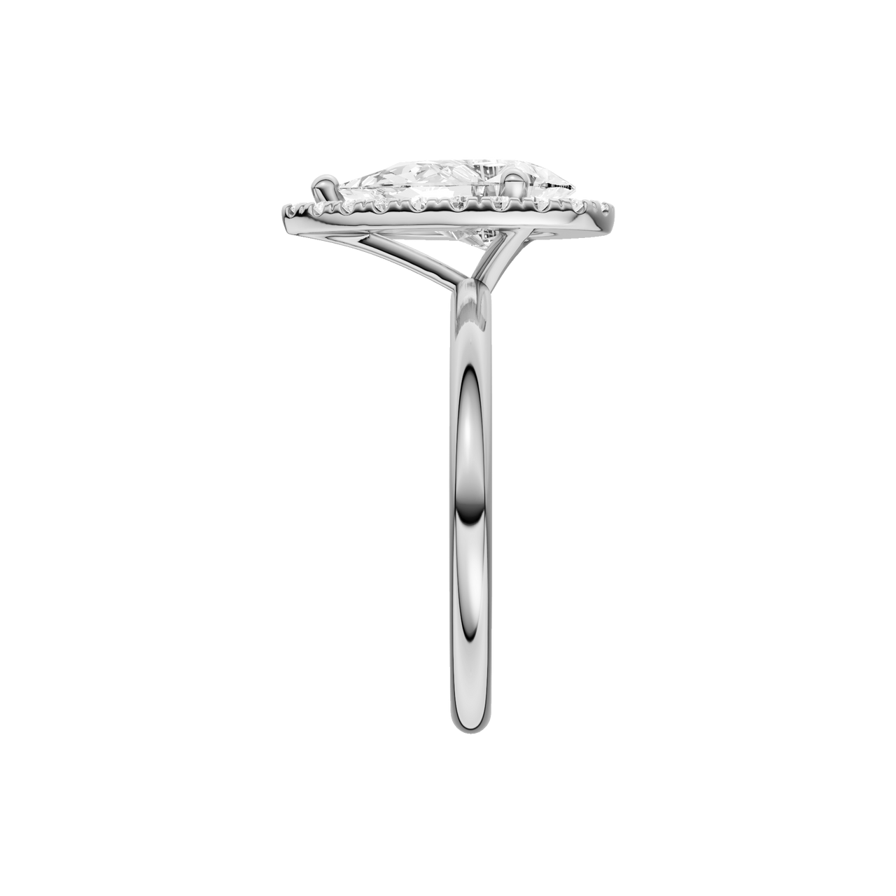 A side view of the Pear cut diamond engagement ring in platinum with a plain band and solitaire setting