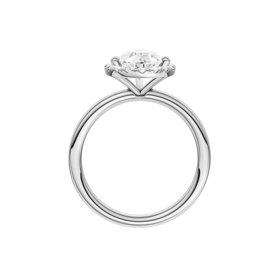 A profile view of the Pear cut diamond engagement ring in 14k white gold with a plain band and solitaire setting