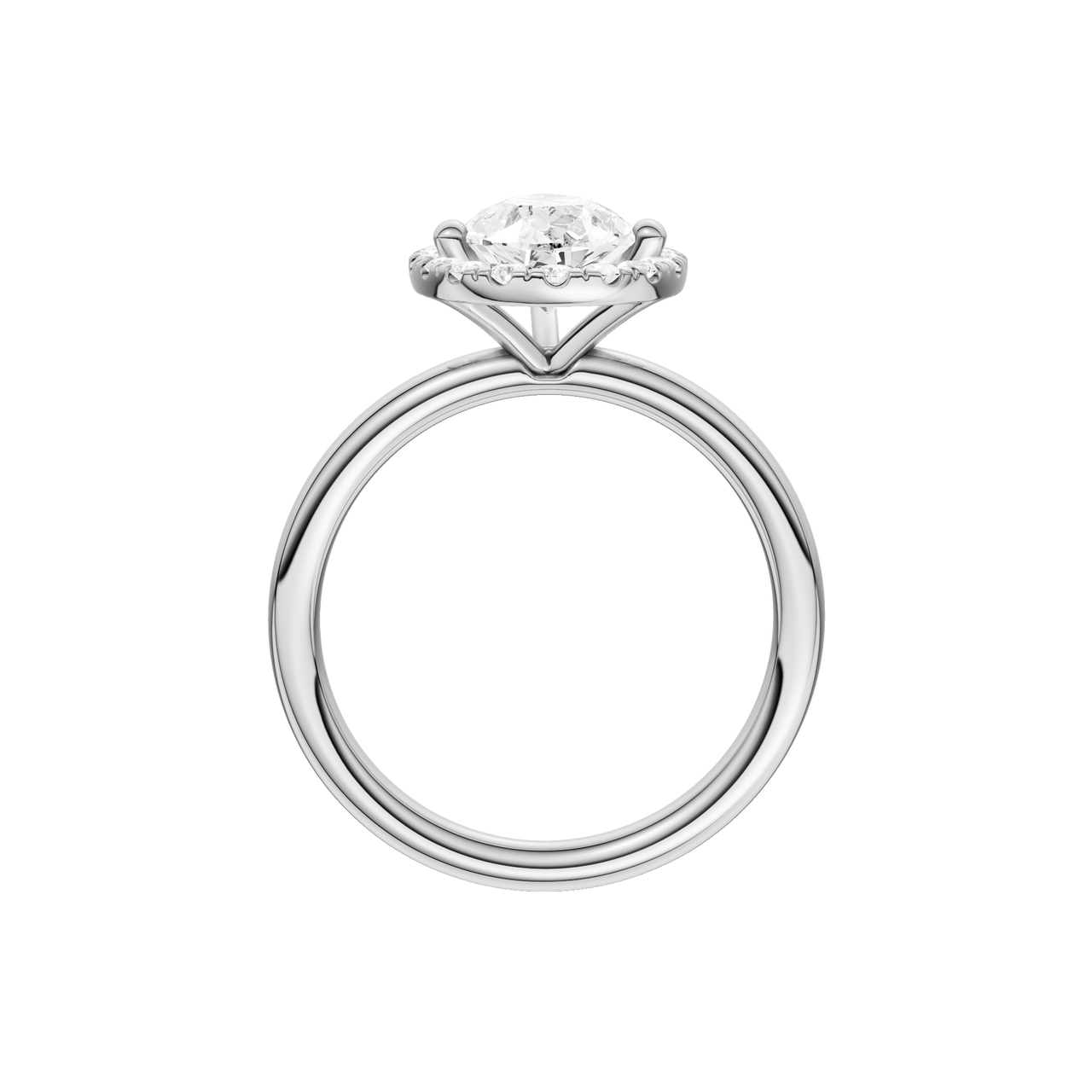 A profile view of the Pear cut diamond engagement ring in 14k white gold with a plain band and solitaire setting