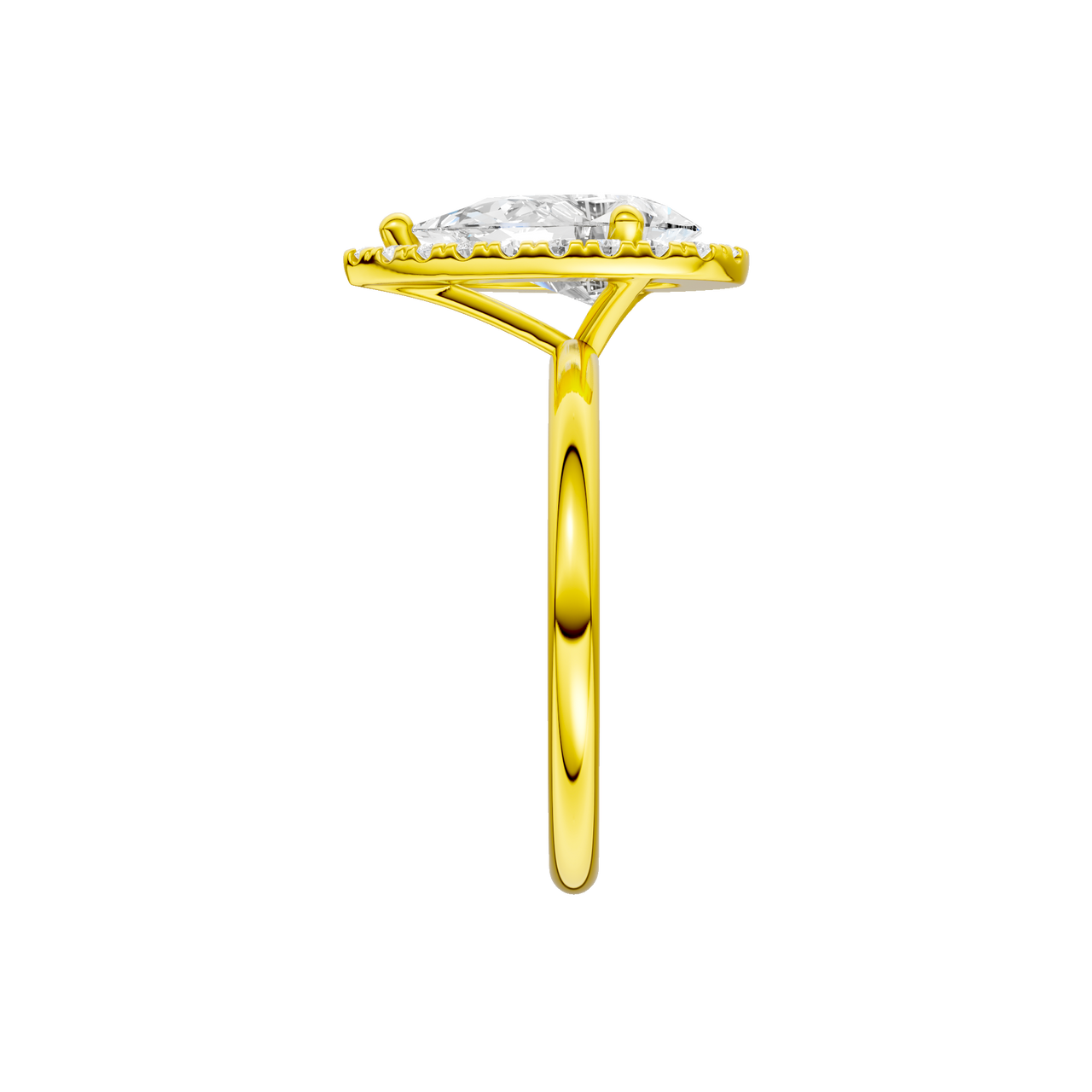 A side view of the Pear cut diamond engagement ring in 14k yellow gold with a plain band and solitaire setting