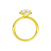 A profile view of the Pear cut diamond engagement ring in 14k yellow gold with a plain band and solitaire setting