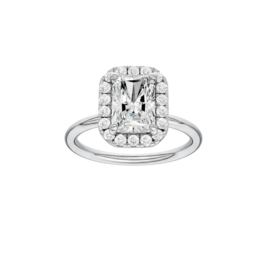 A front view of the Radiant cut diamond engagement ring in 14k white gold with a plain band and solitaire setting