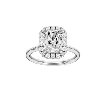 A front view of the Radiant cut diamond engagement ring in 14k white gold with a plain band and solitaire setting
