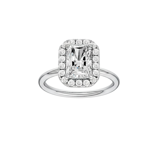 A front view of the Radiant cut diamond engagement ring in 14k white gold with a plain band and solitaire setting