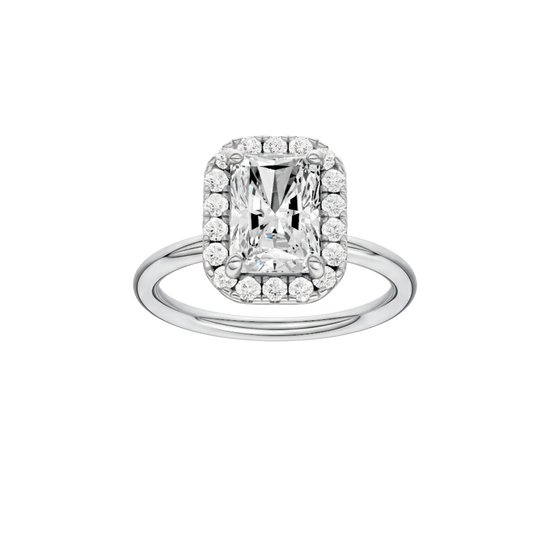 A front view of the Radiant cut diamond engagement ring in platinum with a plain band and solitaire setting