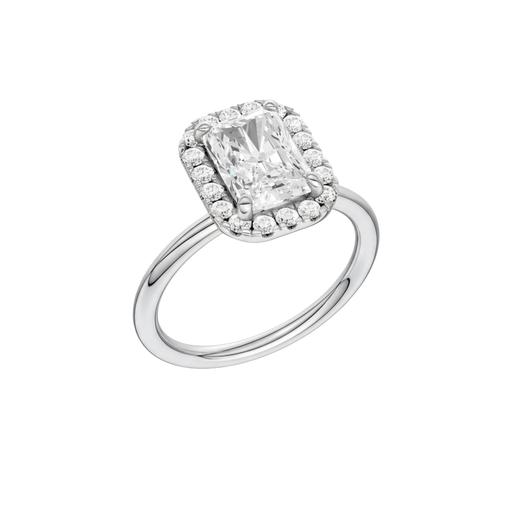 A three-quarter view of the Radiant cut diamond engagement ring in 14k white gold with a plain band and solitaire setting