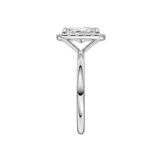 A side view of the Radiant cut diamond engagement ring in platinum with a plain band and solitaire setting