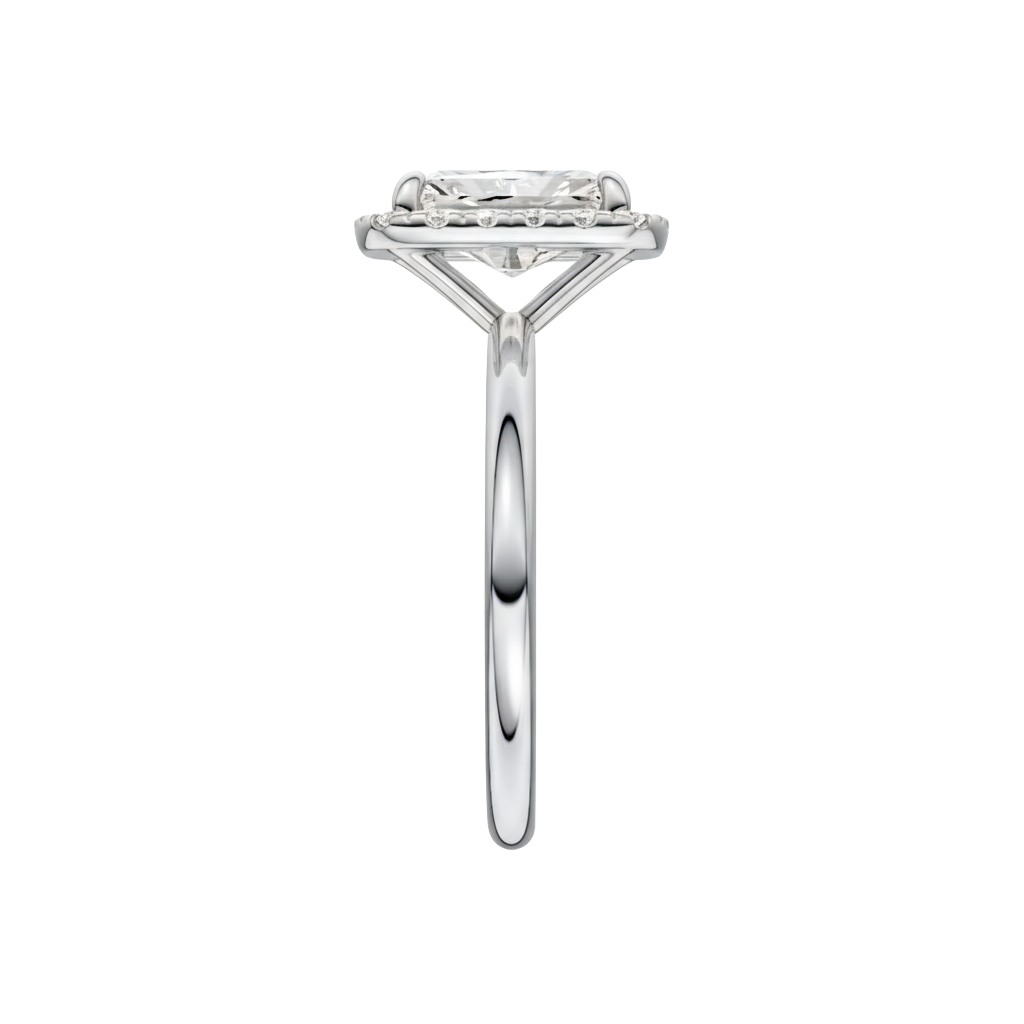 A side view of the Radiant cut diamond engagement ring in platinum with a plain band and solitaire setting