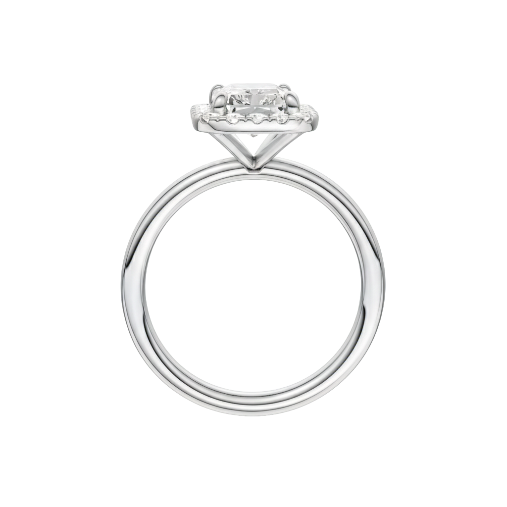 A profile view of the Radiant cut diamond engagement ring in platinum with a plain band and solitaire setting