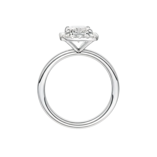 A profile view of the Radiant cut diamond engagement ring in 14k white gold with a plain band and solitaire setting