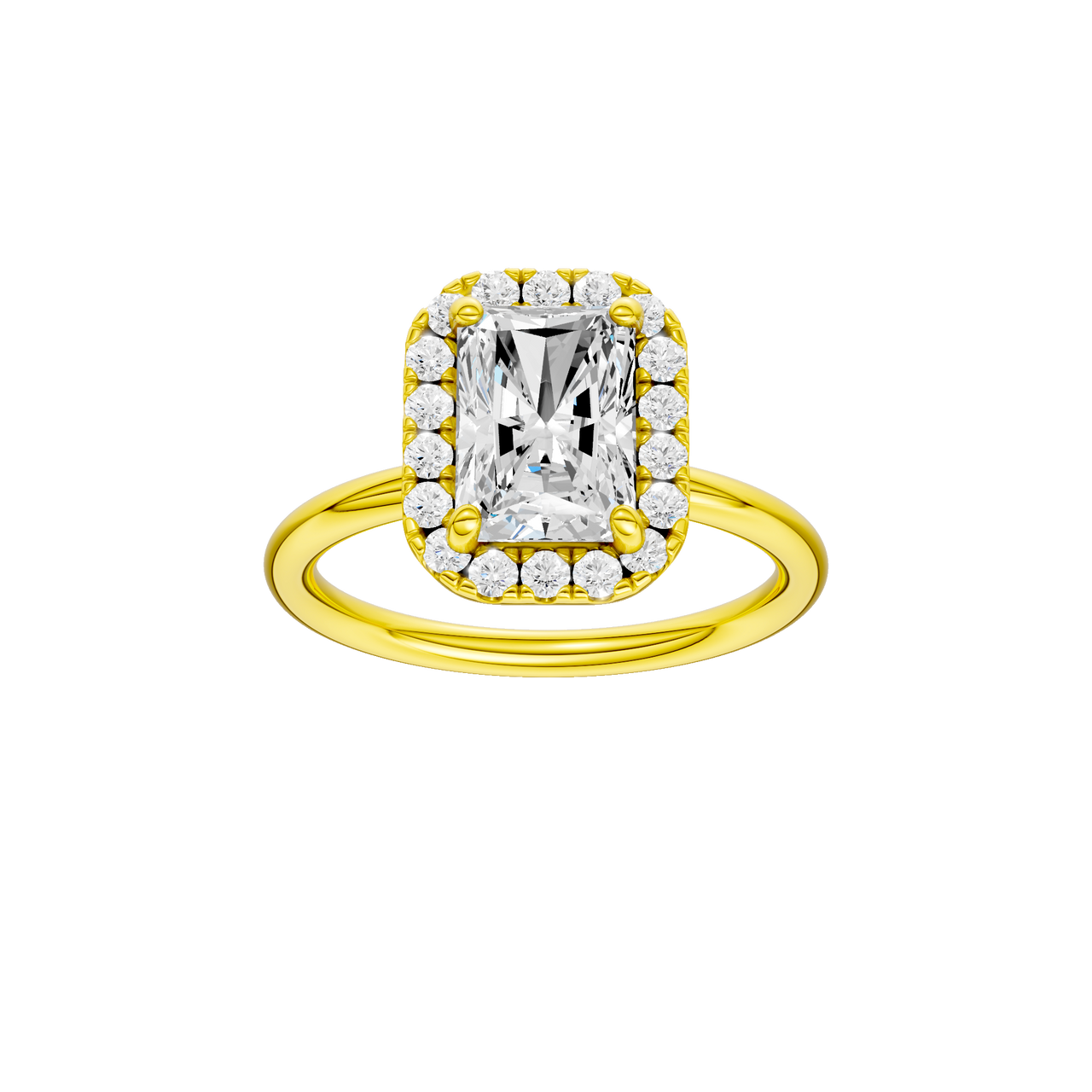 A front view of the Radiant cut diamond engagement ring in 14k yellow gold with a plain band and solitaire setting