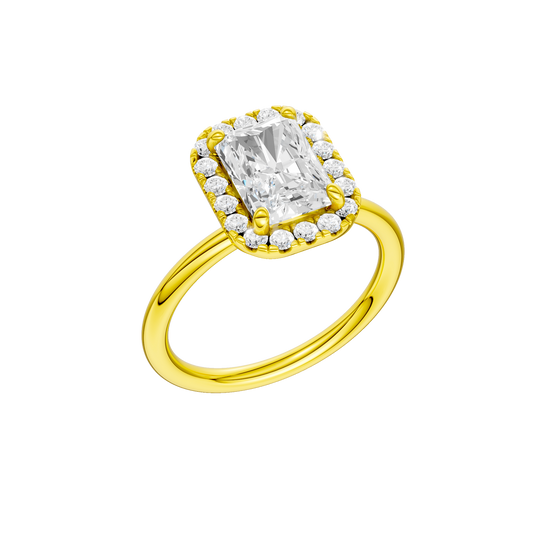 A three-quarter view of the Radiant cut diamond engagement ring in 14k yellow gold with a plain band and solitaire setting