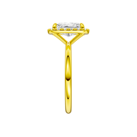 A side view of the Radiant cut diamond engagement ring in 14k yellow gold with a plain band and solitaire setting