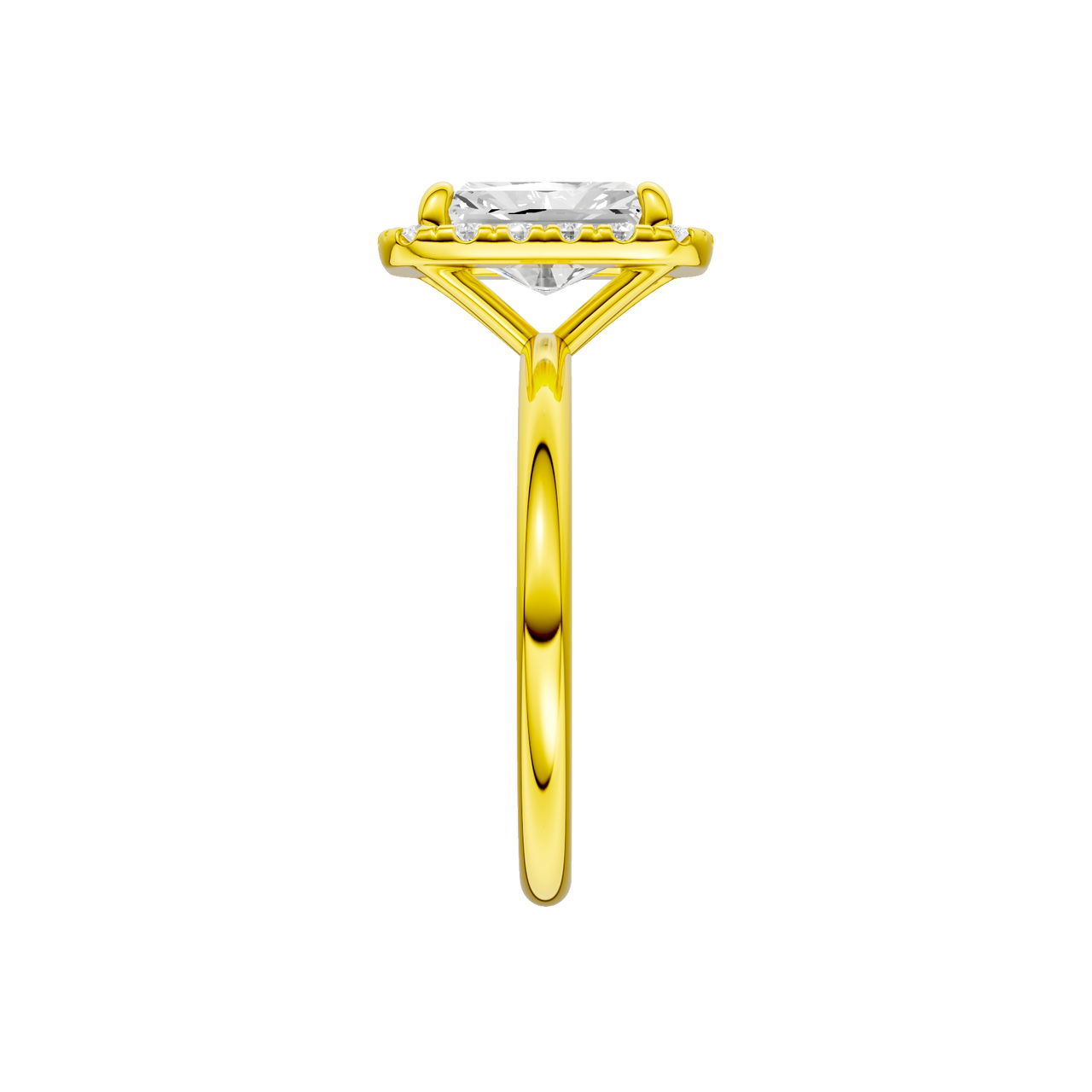 A side view of the Radiant cut diamond engagement ring in 14k yellow gold with a plain band and solitaire setting