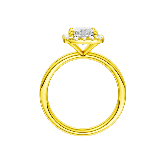 A profile view of the Radiant cut diamond engagement ring in 14k yellow gold with a plain band and solitaire setting