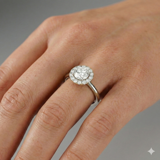 Round cut diamond engagement ring in 14k white gold with a plain band and solitaire setting on a hand.