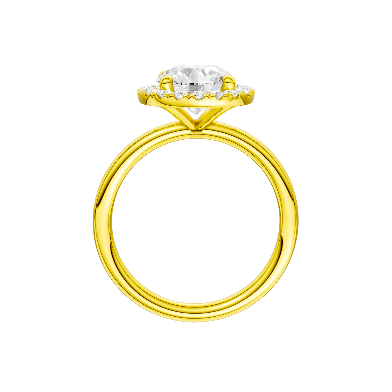 A profile view of the Round cut diamond engagement ring in 14k yellow gold with a plain band and solitaire setting