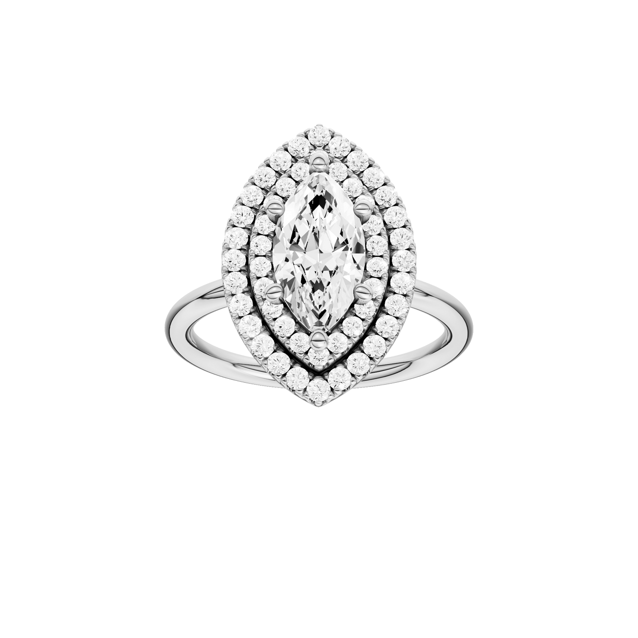 A front view of the Marquise cut diamond engagement ring in platinum with a plain band and solitaire setting
