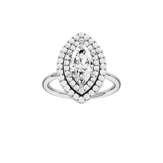 A front view of the Marquise cut diamond engagement ring in 14k white gold with a plain band and solitaire setting