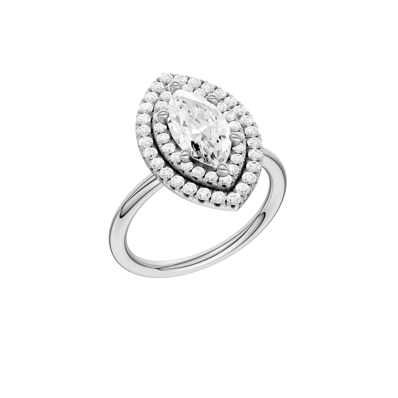 A three-quarter view of the Marquise cut diamond engagement ring in 14k white gold with a plain band and solitaire setting