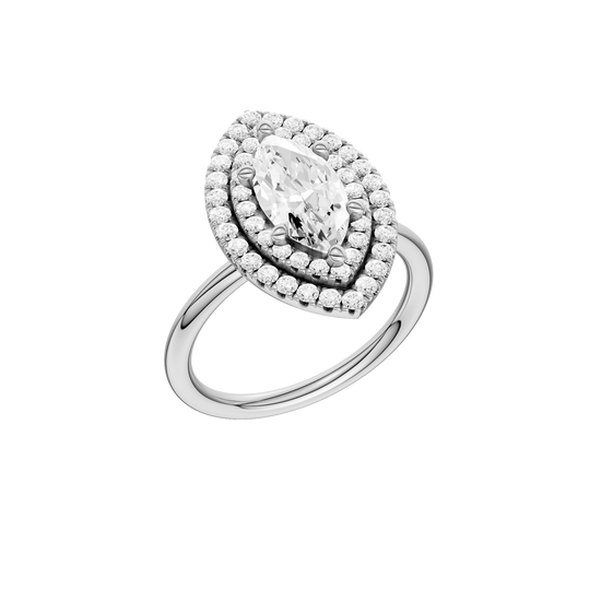 A three-quarter view of the Marquise cut diamond engagement ring in platinum with a plain band and solitaire setting