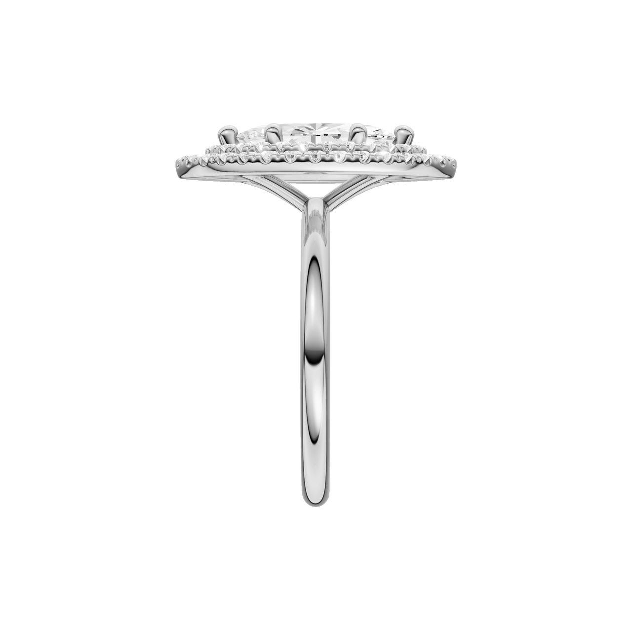 A side view of the Marquise cut diamond engagement ring in 14k white gold with a plain band and solitaire setting