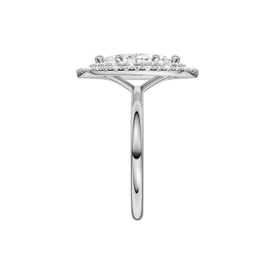 A side view of the Marquise cut diamond engagement ring in platinum with a plain band and solitaire setting