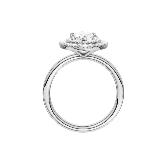 A profile view of the Marquise cut diamond engagement ring in platinum with a plain band and solitaire setting
