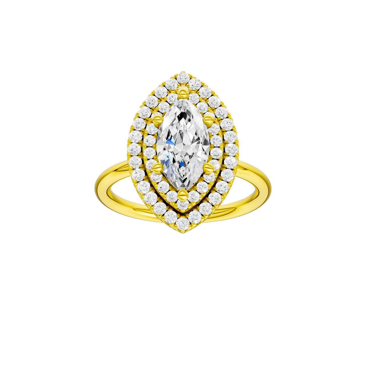 A front view of the Marquise cut diamond engagement ring in 14k yellow gold with a plain band and solitaire setting