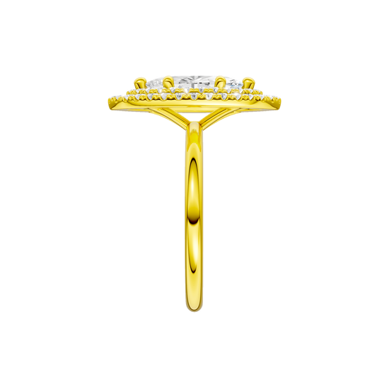 A side view of the Marquise cut diamond engagement ring in 14k yellow gold with a plain band and solitaire setting