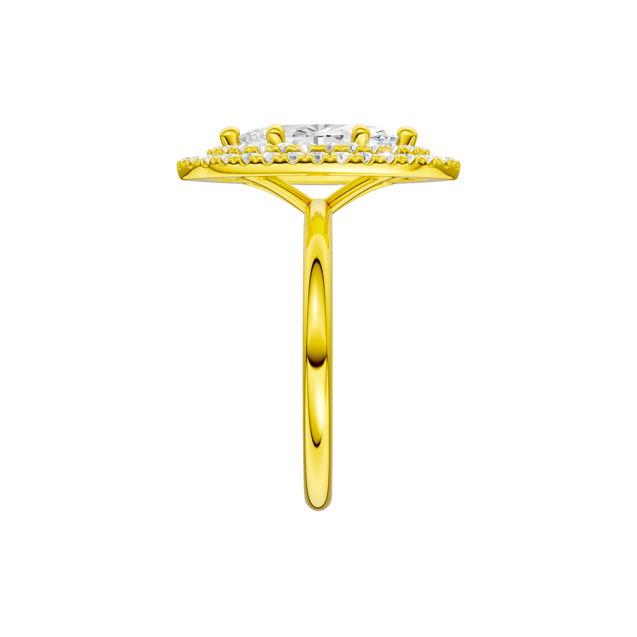 A side view of the Marquise cut diamond engagement ring in 14k yellow gold with a plain band and solitaire setting