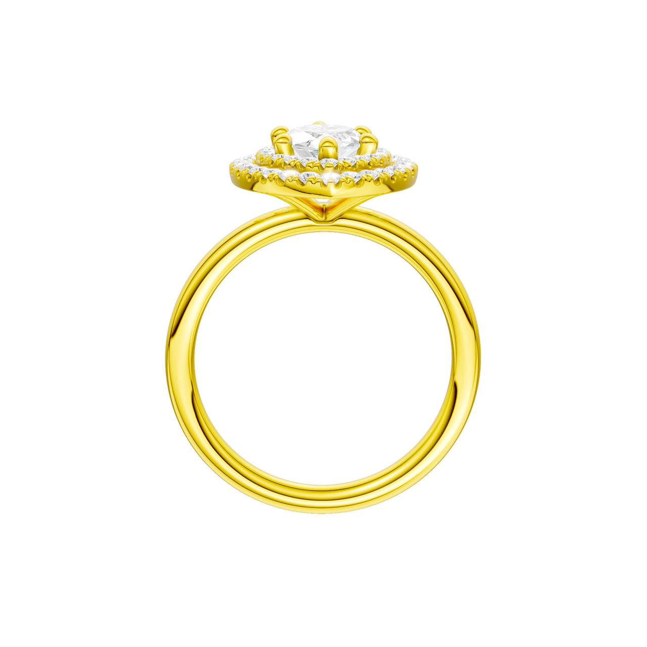 A profile view of the Marquise cut diamond engagement ring in 14k yellow gold with a plain band and solitaire setting